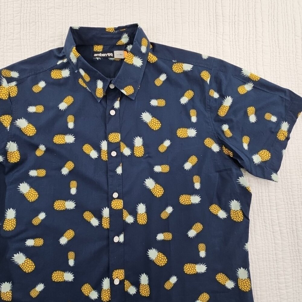 Ambsn California Men's Shirt XL Blue 100% Cotton Pineapple Print Short Sleeve‎ - Picture 6 of 16